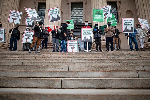 Daniel Crump / Winnipeg Free Press. Organizers led song, dance, and prayers on the steps of the Manitoba legislature Saturday afternoon where aound 60 people gathered to protest against the recent spate of violence against Hindus in Bangladesh. October 23, 2021.