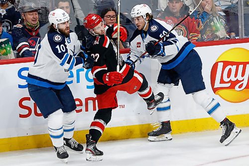 JOHN WOODS / WINNIPEG FREE PRESS
Manitoba Moose Evan Polei (10) and Thomas Caron (50) check Grand Rapids Griffins Tyler Spezia (32) during second period AHL action in Winnipeg on Sunday, October 24, 2021.

Reporter: Sawatzky