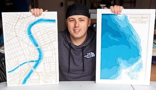 MIKE DEAL / WINNIPEG FREE PRESS
Kevin Morissette is the brains behind Lake Depth Maps. Three years ago he handmade a three-dimensional map of Clear Lake for a friend, using a scalpel to carve out the various depths. Everybody who saw it loved it, he made close to 30 more before investing a chunk of change in a digital router, which he now uses to turn out maps of lakes not just in Manitoba, but Ontario, BC, California, even the Philippines, using Google Maps and fishing depth chart websites to accurately recreate the body of water in question.
See Dave Sanderson Intersection story
211026 - Tuesday, October 26, 2021.