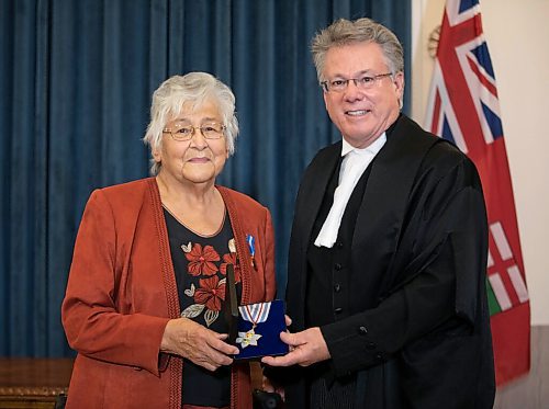JESSICA LEE / WINNIPEG FREE PRESS

Elder Ruth Christie (left) receives the Order of Manitoba medal from Chief Justice Richard Chartier at the Legislative Building on October 28, 2021. Christie has dedicated her life to Indigenous history preservation, education and service to the community.






