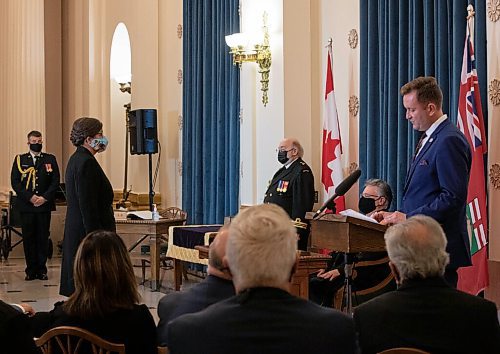 JESSICA LEE / WINNIPEG FREE PRESS

Claudette LeClerc (left) stands before receiving the Order of Manitoba medal from Chief Justice Richard Chartier (seated) at the Legislative Building on October 28, 2021. LeClerc has been an advocate of the arts for many years and was involved with the Winnipeg International Childrens Festival, Folkorama and most recently serves as executive director and CEO of The Manitoba Museum.








