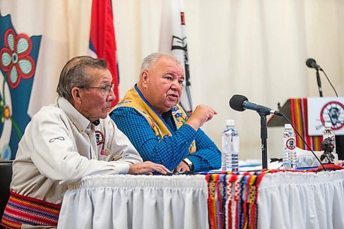 MIKAELA MACKENZIE / WINNIPEG FREE PRESS

MMF president David Chartrand (right) and elder George Lavallee speak about moose harvesting on Friday, Oct. 29, 2021. For Malak story.
Winnipeg Free Press 2021.