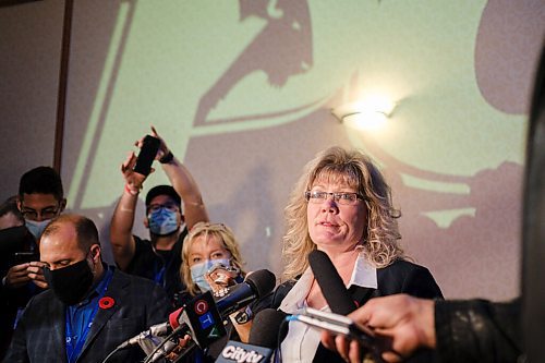 Mike Sudoma / Winnipeg Free Press
Shelly Glover speaks to media following opponent Heather Stefanson was announced the first female Premier of Manitoba at the Victoria Inn Saturday afternoon
October 30, 2021