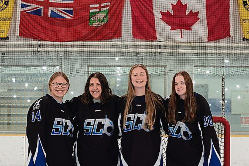 Canstar Community News Oct. 26, 2021 - Left to right; Jayna Veldhuis, Nicole Romanuk, Gwen Bestland and Alyssa Kaminsky are four Grade 12 seniors on the Sanford Sabres WWHSL team. The girls are very excited to begin their regular season after months away from on ice play. (JOSEPH BERNACKI/CANSTAR COMMUNITY NEWS/HEADLINER)