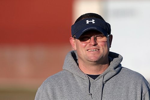 SHANNON VANRAES/WINNIPEG FREE PRESS
Grant Park Pirates coach Doug Kovacs during practice near Grant Park High School on November 3, 2021. The Pirates are the only undefeated in their division heading into Friday playoffs.