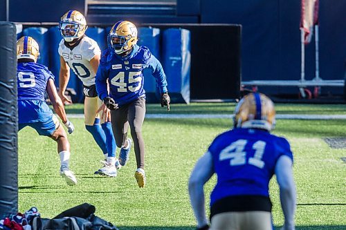 MIKAELA MACKENZIE / WINNIPEG FREE PRESS

DeAundre Alford (45) at Bombers practice at IG Field in Winnipeg on Thursday, Nov. 4, 2021. For --- story.
Winnipeg Free Press 2021.