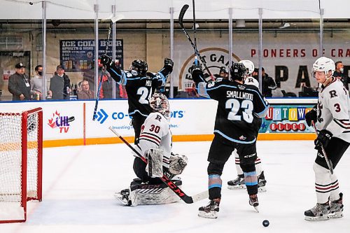 Daniel Crump / Winnipeg Free Press. Winnipegs Mikey Milne (24) throws his arms up in celebration after scoring to restore the Ice lead, 2-1. The Winnipeg Ice take on the Red Deer Rebels at the Wayne Fleming Arena in Winnipeg. November 4, 2021.