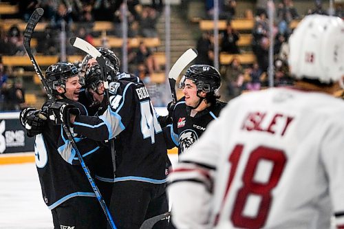 Daniel Crump / Winnipeg Free Press. The Winnipeg Ice celebrate after Chase Bartholet (14) tucks away the team third goal of the night.The Winnipeg Ice take on the Red Deer Rebels at the Wayne Fleming Arena in Winnipeg. November 4, 2021.