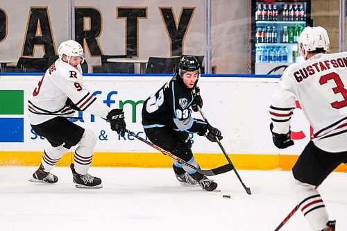 Daniel Crump / Winnipeg Free Press. Winnipeg forward Matthew Savoie (93) carries the puck into the offensive zone. The Winnipeg Ice take on the Red Deer Rebels at the Wayne Fleming Arena in Winnipeg. November 4, 2021.