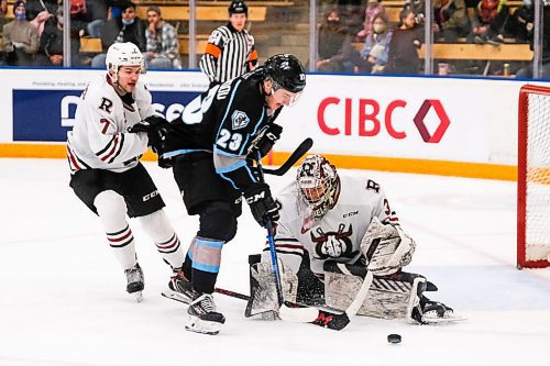 Daniel Crump / Winnipeg Free Press. Red Deer goalie Chase Coward (30) makes the stop on Winnipeg forward Jakin Smallwood (23) as he drives towards the net. The Winnipeg Ice take on the Red Deer Rebels at the Wayne Fleming Arena in Winnipeg. November 4, 2021.