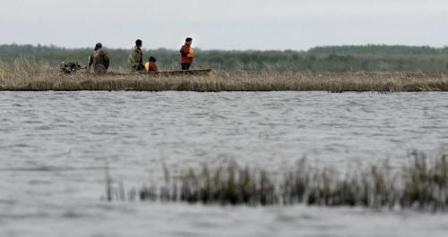 MIKE.DEAL@FREEPRESS.MB.CA 100519 - Wednesday, May 19th, 2010 OPASKWAYAK CREE NATION Students from the land-based education course at Joe E. Ross School. Omar Constant guides the boat amoungst the reeds while students (l-r) Andrew Bignell, Brennan Constant and Norman Ballantyne look for Mud Hen eggs. See Nick Martin story. MIKE DEAL / WINNIPEG FREE PRESS