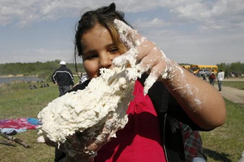 MIKE.DEAL@FREEPRESS.MB.CA 100520 - Thursday, May 20th, 2010 OPASKWAYAK CREE NATION Rebecca Shingoose, 9, makes bannock dough which will be fried for her class to eat during the traditional camp and community feast hosted by Joe E. Ross School. See Nick Martin story. MIKE DEAL / WINNIPEG FREE PRESS