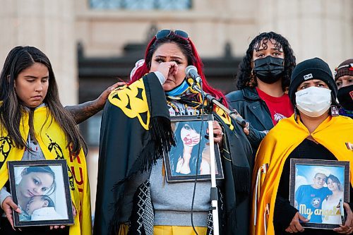 Daniel Crump / Winnipeg Free Press. Martha Martin, the mother of Chantel Moore, wipes away tears as she speaks to the crowd at the BIPOC Families Against Police rally at the Manitoba Legislature on Saturday. Moore was shot and killed by Edmundston, New Brunswick police, who were called to perform a wellness check on her on June 4, 2020. November 6, 2021.