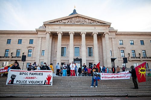 Daniel Crump / Winnipeg Free Press. Protestors stand on the steps of the Manitoba legislature during the BIPOC Families Against Police rally in Winnipeg on Saturday. November 6, 2021.