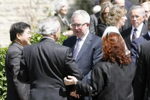 MIKE.DEAL@FREEPRESS.MB.CA 100603 - Thursday, June 3nd, 2010 The small private ceremony for former Manitoba Premier Duff Roblin was attended by among others former Prime Minister Joe Clark (centre) and Manitoba's Lt. Gov. Philip Lee (left). A small crowd of well-wishers gathered to offer condolences to members of Duff Roblin's family after the funeral service at All Saints' Anglican Church on Broadway and Colony Thursday morning. Former premier Duff Roblin died Sunday in hospital after a brief illness. He was 92. MIKE DEAL / WINNIPEG FREE PRESS