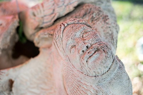 MIKAELA MACKENZIE / WINNIPEG FREE PRESS

A large carved whale skull piece (shown here is a detailedl of Ashoona's father's face) done by a friend of Goota Ashoona and Bob Kussy hangs in their yard near Elie on Tuesday, Nov. 9, 2021. For Jen story.
Winnipeg Free Press 2021.