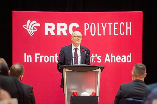 Mike Sudoma / Winnipeg Free Press
President and CEO of Red River Polytech, Fred Meier welcomes attendees and members of the media into insitiutions brand new Innovation Centre Wednesday afternoon
November 10, 2021