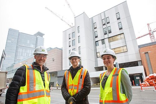MIKE DEAL / WINNIPEG FREE PRESS
School Director, Stéphane Léonard (left), Practice Leader at Architecture49 Inc., Michael Conway (centre) and School Managing Director, Kate Fennell (right) outside the new building at 225 Edmonton Street.
The RWB student boarding building at 225 Edmonton Street that is under construction replacing the accommodations that were torn down to make way for the completion of True North Square and the new Wawanesa head office. 
see Jen Zoratti story
211110 - Wednesday, November 10, 2021.