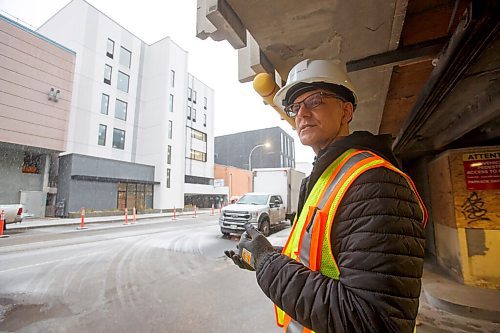 MIKE DEAL / WINNIPEG FREE PRESS
Practice Leader at Architecture49 Inc., Michael Conway, outside the new building at 225 Edmonton Street.
The RWB student boarding building at 225 Edmonton Street that is under construction replacing the accommodations that were torn down to make way for the completion of True North Square and the new Wawanesa head office. 
see Jen Zoratti story
211110 - Wednesday, November 10, 2021.