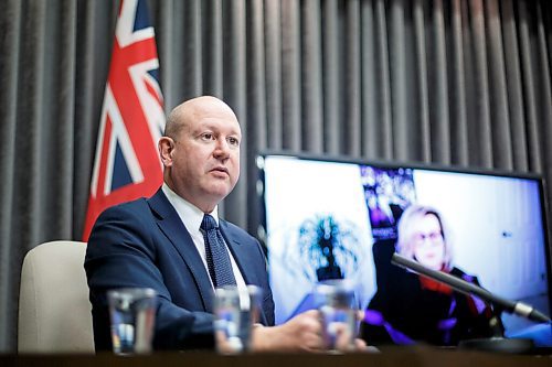 MIKE DEAL / WINNIPEG FREE PRESS
Dr. Brent Roussin, chief provincial public health officer during an announcement Friday morning at the Manitoba Legislative building, that further restrictions were going to be put into place starting this weekend.
211112 - Friday, November 12, 2021.