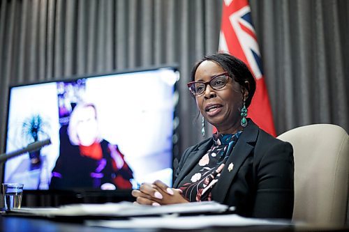 MIKE DEAL / WINNIPEG FREE PRESS
Health and Seniors Care Minister Audrey Gordon during an announcement Friday morning at the Manitoba Legislative building, that further restrictions were going to be put into place starting this weekend.
211112 - Friday, November 12, 2021.