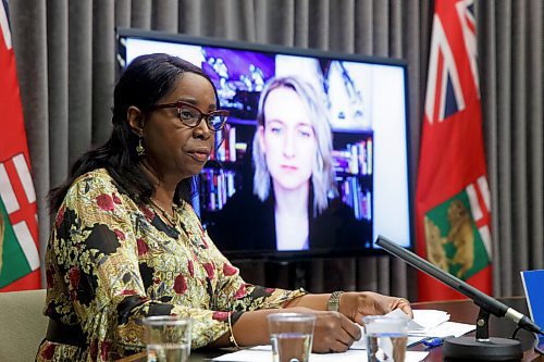 MIKE DEAL / WINNIPEG FREE PRESS
Premier Heather Stefanson and Health and Seniors Care Minister Audrey Gordon along with a virtual Dr. Joss Reimer, medical lead, Vaccine Implementation Task Force, announce that Manitoba is ready to launch the next phase of Manitobas vaccine campaign to protect children ages five to 11 from COVID-19, during a press conference at the Manitoba Legislative building Wednesday afternoon.
211117 - Wednesday, November 17, 2021.