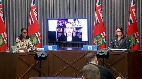 MIKE DEAL / WINNIPEG FREE PRESS
Premier Heather Stefanson and Health and Seniors Care Minister Audrey Gordon along with a virtual Dr. Joss Reimer, medical lead, Vaccine Implementation Task Force, announce that Manitoba is ready to launch the next phase of Manitobas vaccine campaign to protect children ages five to 11 from COVID-19, during a press conference at the Manitoba Legislative building Wednesday afternoon.
211117 - Wednesday, November 17, 2021.