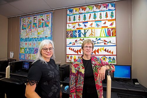 MIKE DEAL / WINNIPEG FREE PRESS
Jennifer P Wiebe (left) and Heather Stone (right) at the North Norfolk MacGregor Regional Library where five of the seven quilts are on display.
Seven ladies, all originally from MacGregror Manitoba have a quilting circle. During the pandemic they didn't gather under one roof but passed boxes of quilt pieces from one residence to the next. This resulted in seven quilts, five of which are on display at MacGregor Library. They have printed notecards which are on sale; money raised from these sales will be donated to a charity. 
See Anucyia's story
211123 - Tuesday, November 23, 2021.