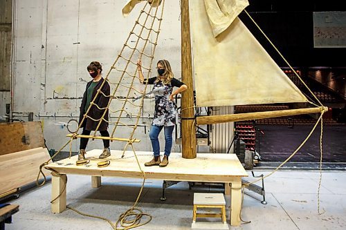 MIKE DEAL / WINNIPEG FREE PRESS
Director, Kelly Thornton (right), and Set Designer, Linda Beech (left) on the freshly made table and ship rigging. The show will have a minimal number of set pieces, but each of them are custom made for the show by MTC carpenters and artists.
A behind-the-scene look at the Royal Manitoba Theatre Company's production of Orlando a play by Virginia Woolf and adapted by Sarah Ruhl, which is running from November 25 - December 18.
See Alan Small story
211026 - Tuesday, October 26, 2021.