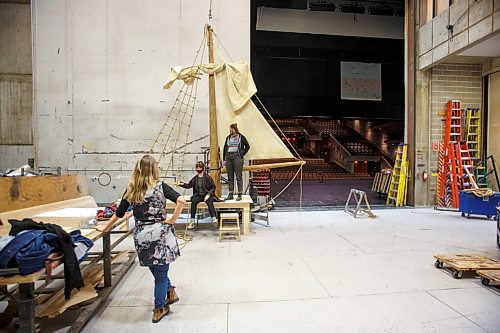 MIKE DEAL / WINNIPEG FREE PRESS
Director, Kelly Thornton (left) talks to Set Designer, Linda Beech (centre) and Props Builder, Zoë Leclerc-Kennedy (right), on the freshly made table and ship rigging. The show will have a minimal number of set pieces, but each of them are custom made for the show by MTC carpenters and artists.
A behind-the-scene look at the Royal Manitoba Theatre Company's production of Orlando a play by Virginia Woolf and adapted by Sarah Ruhl, which is running from November 25 - December 18.
See Alan Small story
211026 - Tuesday, October 26, 2021.