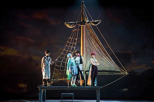 MIKE DEAL / WINNIPEG FREE PRESS
Em Siobhan McCourt as Orlando and Sophie Smith-Dostmohamed as Sasha (right), with members of the ships crew, Simon Miron (left), and Simon Bracken (second from right), during the dress rehearsal Tuesday evening.
A behind-the-scene look at the Royal Manitoba Theatre Company's production of Orlando a play by Virginia Woolf and adapted by Sarah Ruhl, which is running from November 25 - December 18.
See Alan Small story
211123 - Tuesday, November 23, 2021.