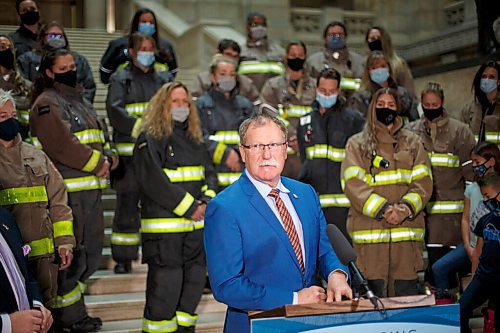 MIKE DEAL / WINNIPEG FREE PRESS
Premier Heather Stefanson along with Finance Minister Scott Fielding and Alex Forrest (pictured), president, Manitoba Professional Firefighters joined a number of female firefighters on the grand staircase Friday afternoon, in the Manitoba Legislative building during the announcement that the government would be amending the Workers Compensation Act (WCA) to include coverage for five additional cancers to the list of presumptive cancers, pertaining to firefighters and at-risk personnel in the Manitoba Fire Commissioners Office.
211126 - Friday, November 26, 2021.