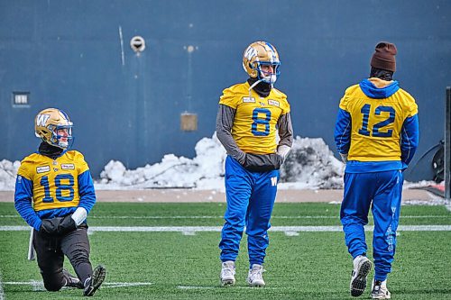 MIKE DEAL / WINNIPEG FREE PRESS
Winnipeg Blue Bombers starting quarterback Zach Collaros (8) and backups Dru Brown (18) and Sean McGuire (12) during practice at IG Field Friday morning.
211126 - Friday, November 26, 2021.