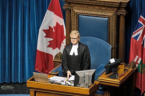 MIKE DEAL / WINNIPEG FREE PRESS
Speaker of the Legislative Assembly of Manitoba, Myrna Driedger, delivers the first-ever instance of a land acknowledgement as part of the formal proceedings of the legislative assembly of Manitoba Monday afternoon.
211129 - Monday, November 29, 2021.