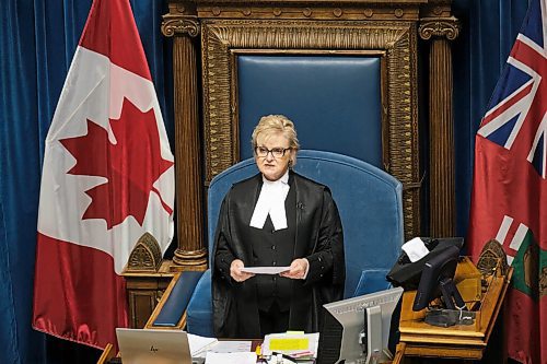 MIKE DEAL / WINNIPEG FREE PRESS
Speaker of the Legislative Assembly of Manitoba, Myrna Driedger, delivers the first-ever instance of a land acknowledgement as part of the formal proceedings of the legislative assembly of Manitoba Monday afternoon.
211129 - Monday, November 29, 2021.