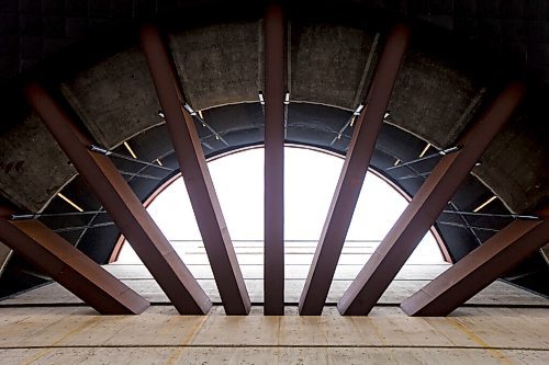 MIKAELA MACKENZIE / WINNIPEG FREE PRESS

A detail of the underside of the "flying saucer" condo building near the Disraeli Bridge in Winnipeg on Tuesday, Nov. 30, 2021. For Alison Gillmor story.
Winnipeg Free Press 2021.