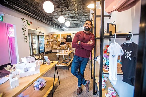 MIKAELA MACKENZIE / WINNIPEG FREE PRESS

Obby Khan, co-founder of GoodLocal, poses for a portrait in the new storefront in the Exchange District in Winnipeg on Tuesday, Nov. 30, 2021. For Gabby story.
Winnipeg Free Press 2021.