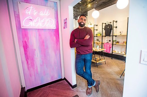 MIKAELA MACKENZIE / WINNIPEG FREE PRESS

Obby Khan, co-founder of GoodLocal, poses for a portrait in the new storefront in the Exchange District in Winnipeg on Tuesday, Nov. 30, 2021. For Gabby story.
Winnipeg Free Press 2021.