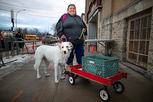 Daniel Crump / Winnipeg Free Press. Rina Hermkens, who is both a volunteer and user of Winnipeg Harvest food banks, and her dog Daisy at Home Street Mennonite Church,¤318 Home Street, with a wagon ready to pickup food. Hermkens likes that the food bank also provides food for her dog when they have it available. December 1, 2021.