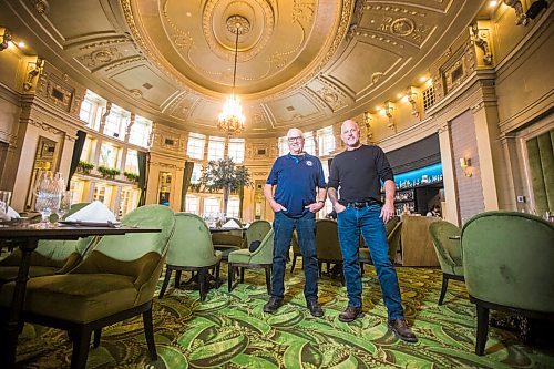 MIKAELA MACKENZIE / WINNIPEG FREE PRESS

Gord (left) and Vic Hart, who restored the ceiling in the Oval Room Brasserie, pose for a portrait in front of their work at the Fort Garry Hotel in Winnipeg on Wednesday, Dec. 1, 2021. For Ben Sigurdson story.
Winnipeg Free Press 2021.