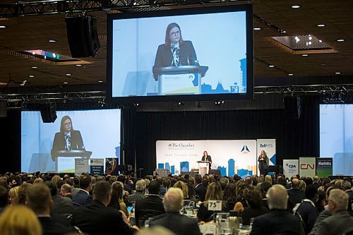 MIKAELA MACKENZIE / WINNIPEG FREE PRESS

Premier Heather Stefanson does her keynote address at a Chamber of Commerce luncheon at the RBC Convention Centre in Winnipeg on Thursday, Dec. 2, 2021. For Carol/Tom story.
Winnipeg Free Press 2021.