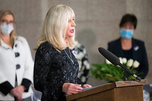 MIKAELA MACKENZIE / WINNIPEG FREE PRESS

Sport, culture and heritage minister and minister responsible for the status of women Cathy Cox speaks at a ceremony for the National Day of Remembrance and Action on Violence Against Women at the Manitoba Legislative Building in Winnipeg on Monday, Dec. 6, 2021. For Danielle (?) story.
Winnipeg Free Press 2021.