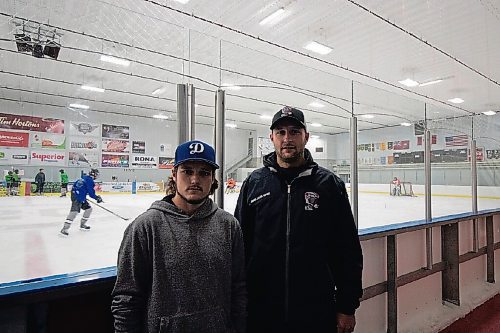 Canstar Community News Dec. 1, 2021 - Matt Dyck, Pembina Valley Twisters head coach (right), and Twisters captain Travis Penner said the team is getting a consistent effort on ice through its four lines every night. The Twisters currently have a record of 13-3-2 and Penner has four goals and 15 assists in 18 games. (JOSEPH BERNACKI/CANSTAR COMMUNITY NEWS/HEADLINER)