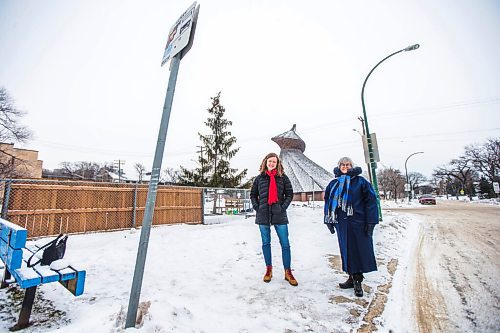 MIKAELA MACKENZIE / WINNIPEG FREE PRESS

Julie Penner, audio producer, and Susan Algie, executive director of the Winnipeg Architecture Foundation, pose for a portrait at a #10 bus stop in front of Precious Blood church in Winnipeg on Wednesday, Dec. 8, 2021. The two worked on Archi10, a new app that delivers an audio tour of local buildings while travelling along the #10 bus route. For Eva story.
Winnipeg Free Press 2021.