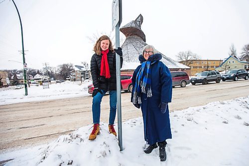 MIKAELA MACKENZIE / WINNIPEG FREE PRESS

Julie Penner, audio producer, and Susan Algie, executive director of the Winnipeg Architecture Foundation, pose for a portrait at a #10 bus stop in front of Precious Blood church in Winnipeg on Wednesday, Dec. 8, 2021. The two worked on Archi10, a new app that delivers an audio tour of local buildings while travelling along the #10 bus route. For Eva story.
Winnipeg Free Press 2021.