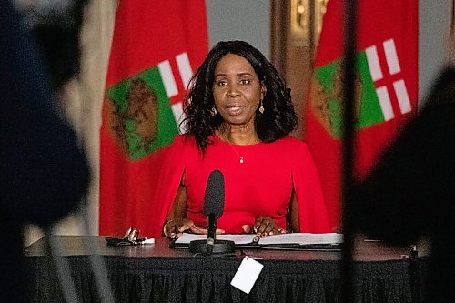 Daniel Crump / Winnipeg Free Press. Health and Seniors Care Minister Audrey Gordon speaks at an announcement in the rotunda at the Manitoba legislative building in Winnipeg. December 8, 2021.