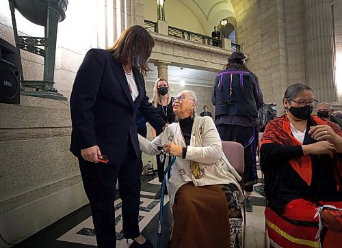 RUTH BONNEVILLE / WINNIPEG FREE PRESS

LOCAL - Ind support

Premier Heather Stefanson chats with Elder Mae Louise Campbell, co-founder, Clan Mothers Healing Village, at  announcement for provincial government funding support for at-risk Indigenous Women and Girls at the Legislative Building Tuesday. 

Also in attendance: Families Minister Rochelle Squires
Sport, Culture and Heritage Minister Cathy Cox,  Elder Billie Schibler and Clan Mothers Elders Council.

See Carol's story.

Dec14th,  2021
