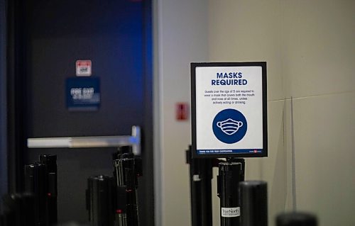 JESSICA LEE / WINNIPEG FREE PRESS

A sign encouraging masks is photographed at the Canada Life Centre on December 21, 2021.

Reporter: Katie













