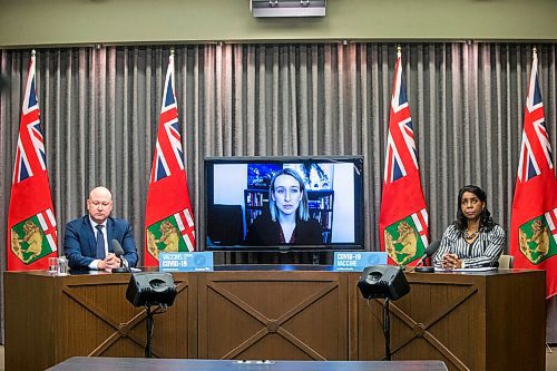 MIKAELA MACKENZIE / WINNIPEG FREE PRESS

Chief provincial public health officer Dr. Brent Roussin (left), medical lead of the Manitoba Vaccine Task Force Dr. Joss Reimer, and health minister Audrey Gordon speak at a press conference asking the public to adjust their holiday plans at the Manitoba Legislative Building in Winnipeg on Friday, Dec. 24, 2021.  For Malak story.
Winnipeg Free Press 2021.