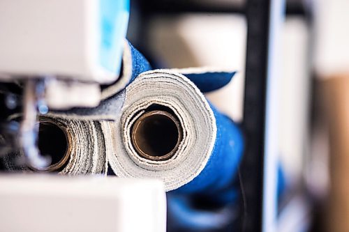 MIKAELA MACKENZIE / WINNIPEG FREE PRESS

Denim fabric rolls in the grade 11/12 textiles class, where they are making their own jeans, at Shaftesbury High School in Winnipeg on Wednesday, Dec. 22, 2021. For Maggie story.
Winnipeg Free Press 2021.